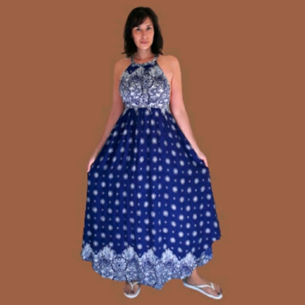 AAKAA BLUE PRINTED MAXI DRESS